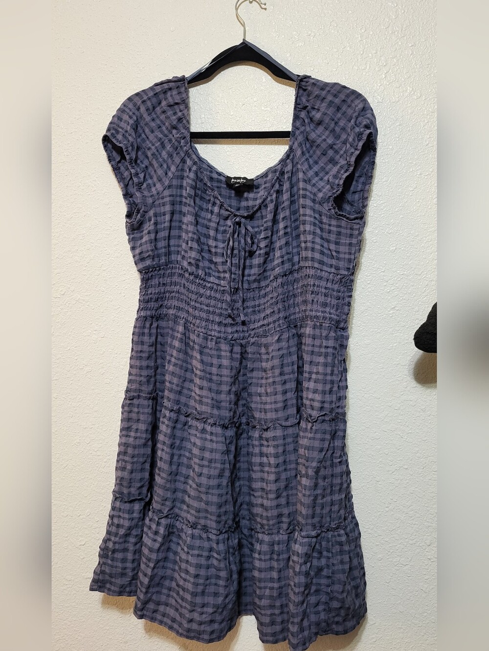 by & by Blue Plaid Peasant Dress with Tie
